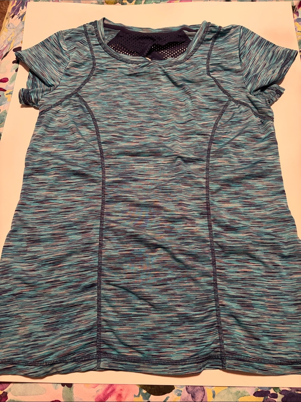 Xersion Teal & Navy Space-Dye Short Sleeve Active Tee with cutout in back
